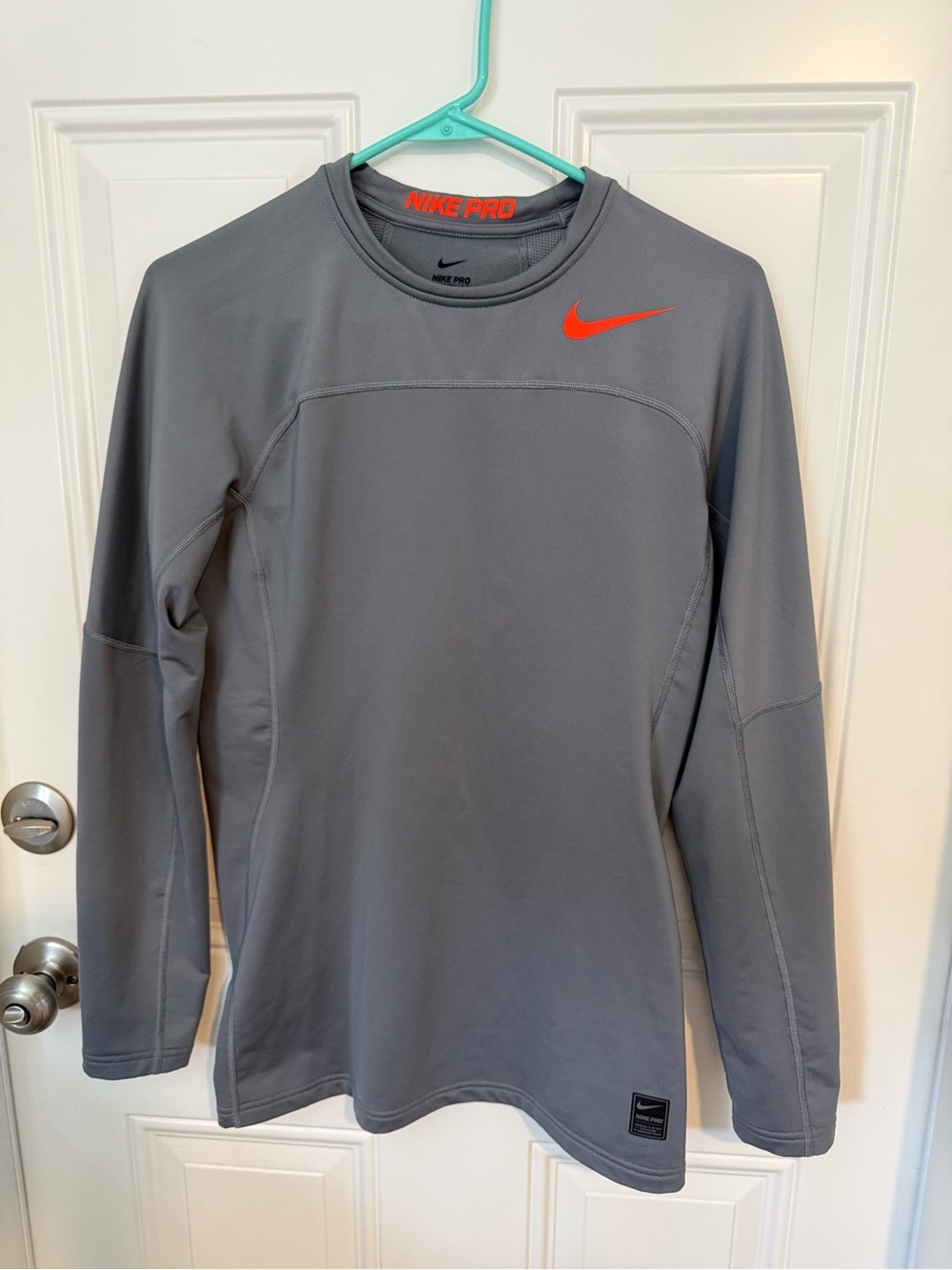 Nike Pro hyperwarm Men’s Long-Sleeve Performance Shirt - Gray with Orange Swoosh